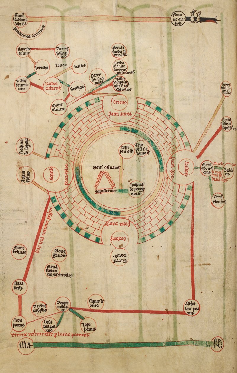 Sirkulært kart over Jerusalem, med tempelet og den hellige grav av Unknown artist