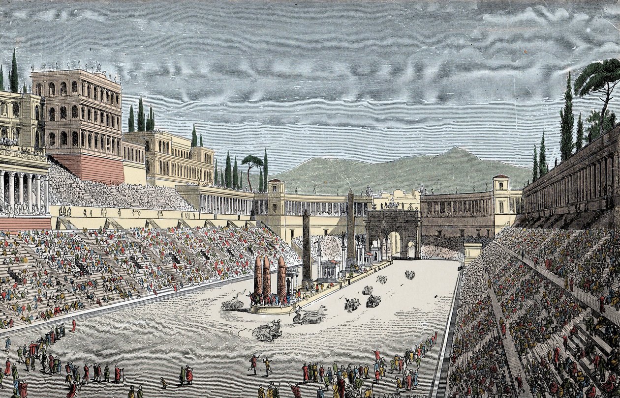Circus Maximus - Det store sirkuset eller sirkus Maxime, i Roma, med et vognløp - Fargegravering av Unknown artist