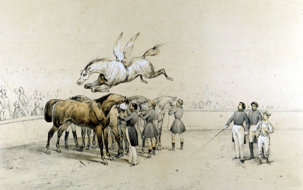 Sirkus viser en bevinget hest hopper over tre hester med bind for øynene. av Unknown artist