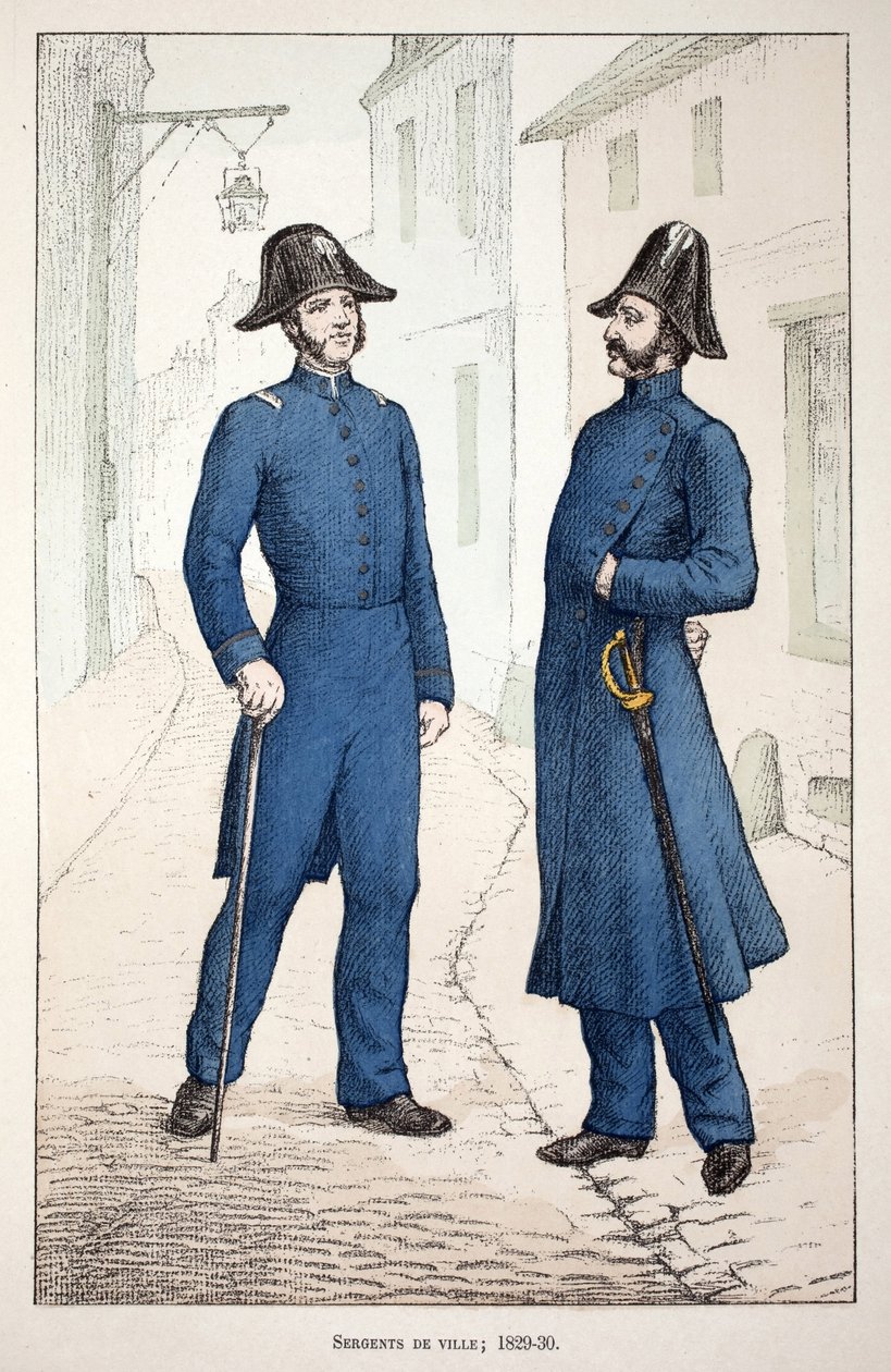 Bysersjanter (1829-1830). Etsning i farger, for illustrasjon "" History of the corps of peacekeepers""" bok utgitt i regi av Louis Lepine (1846-1933), prefekt for politiet på Seinen, av Alfred Rey (1864-?) og Louis Feron (1862) -?) av Unknown artist