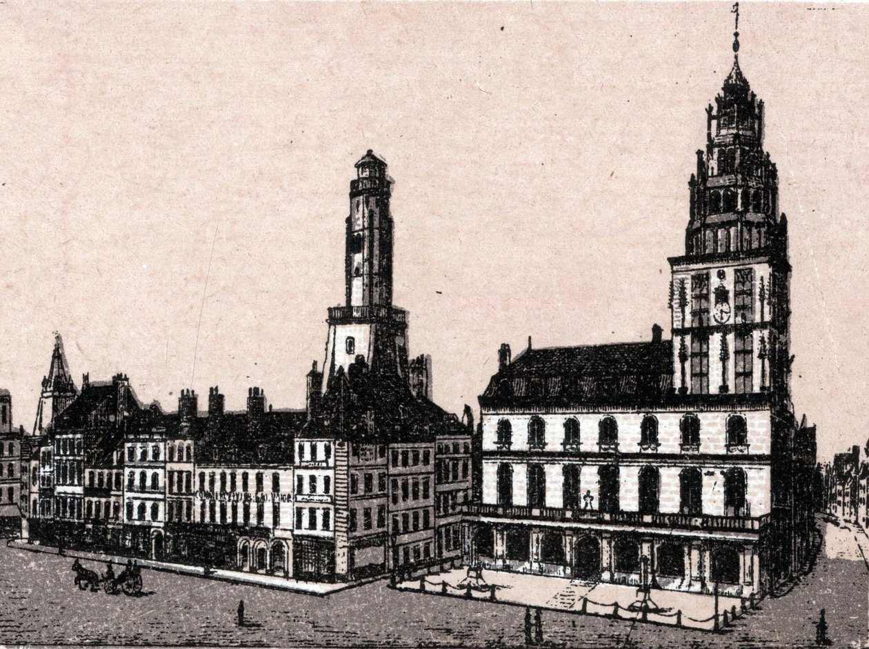 Byen Calais: gammelt fyr og rådhus i "" Verden illustrerer 168 visninger"" Udatert (slutten av 1800-tallet) av Unknown artist
