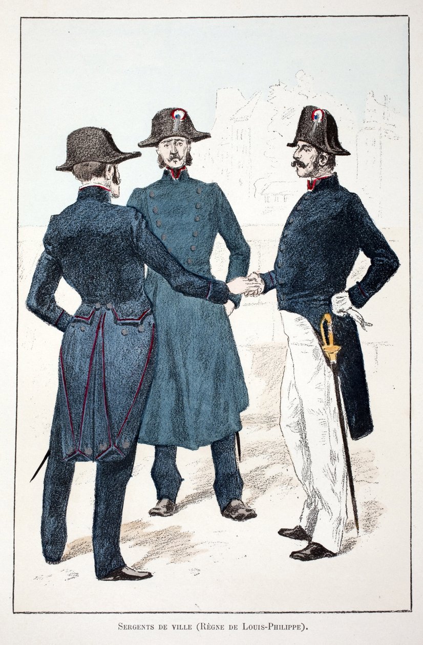 Bysersjanter, regjeringstid til Louis-Philippe I (Louis Philippe) av Orleans (1773-1850). Etsning i farger, for illustrasjon "" History of the corps of peacekeepers""" bok utgitt i regi av Louis Lepine (1846-1933), prefekt for politiet i av Unknown artist
