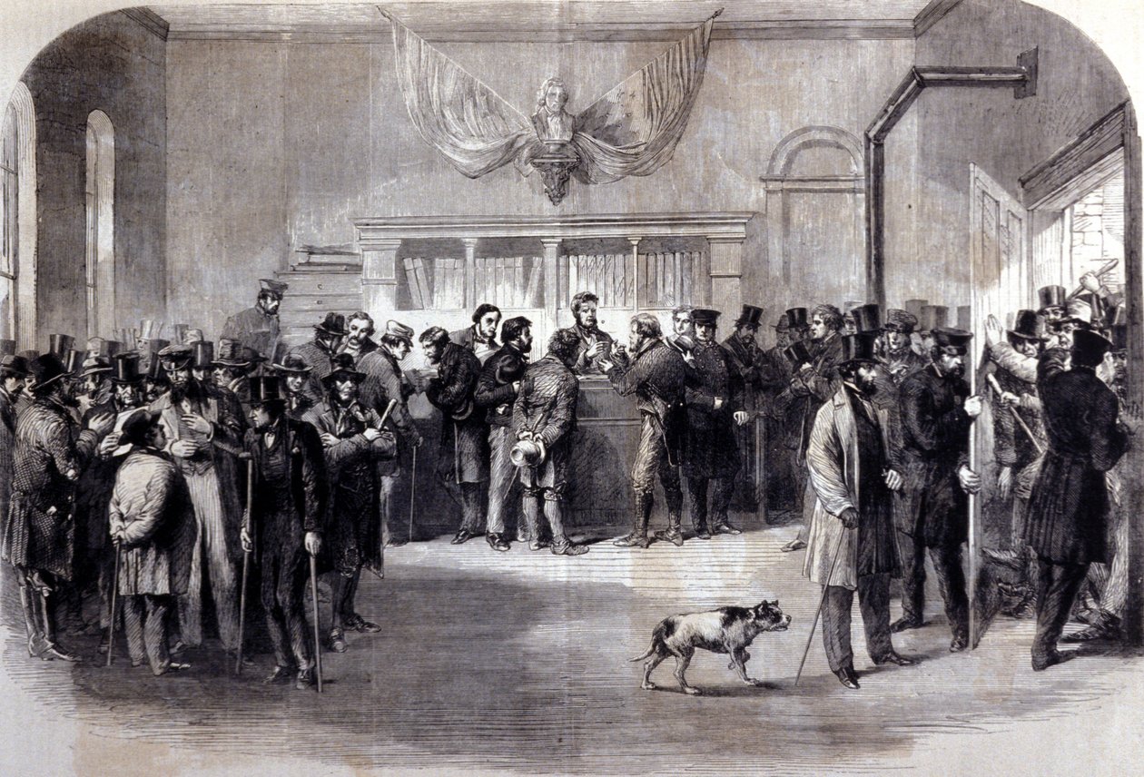 Borgerkrig (1861 - 1865), amerikansk borgerkrig. Vernepliktsfrie ribber foran fritakskontorene. New York. av Unknown artist