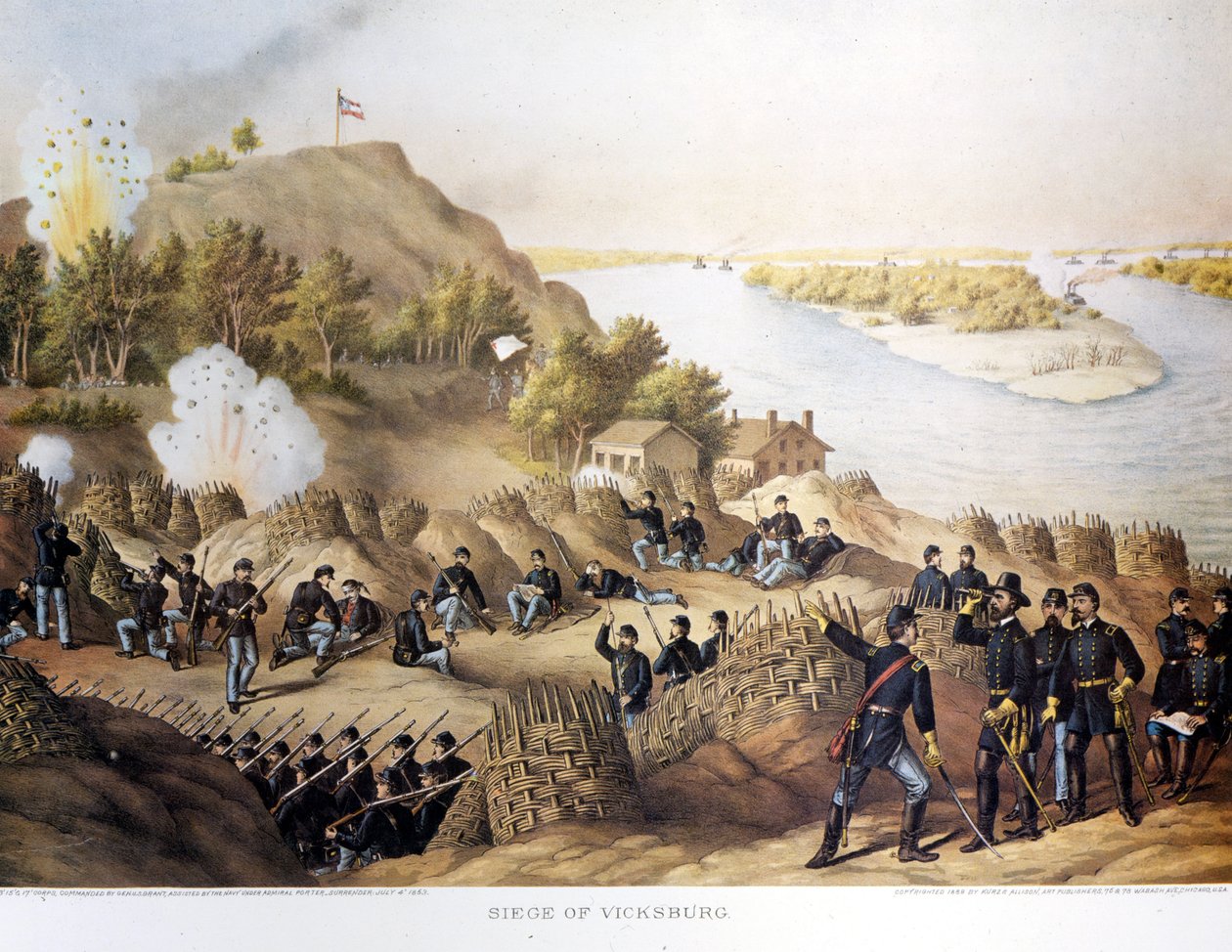 Borgerkrig (1861 - 1865), amerikansk borgerkrig. Beleiring av Vicksburg (på grensen til Arkansas og Mississippi), byen ble tatt av General Grant (og nordlendingene), byen falt etter førti dagers beleiring (19. mai til 4. juli av Unknown artist