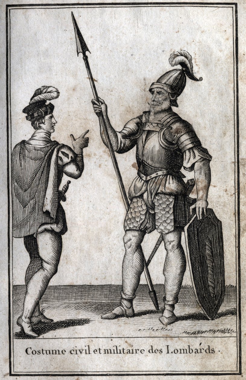 Sivil og militær drakt av langobardene (Lombardia) i middelalderen. Gravering i "Beaute de l'histoire du basse empire" redige av PJBN 1814. av Unknown artist