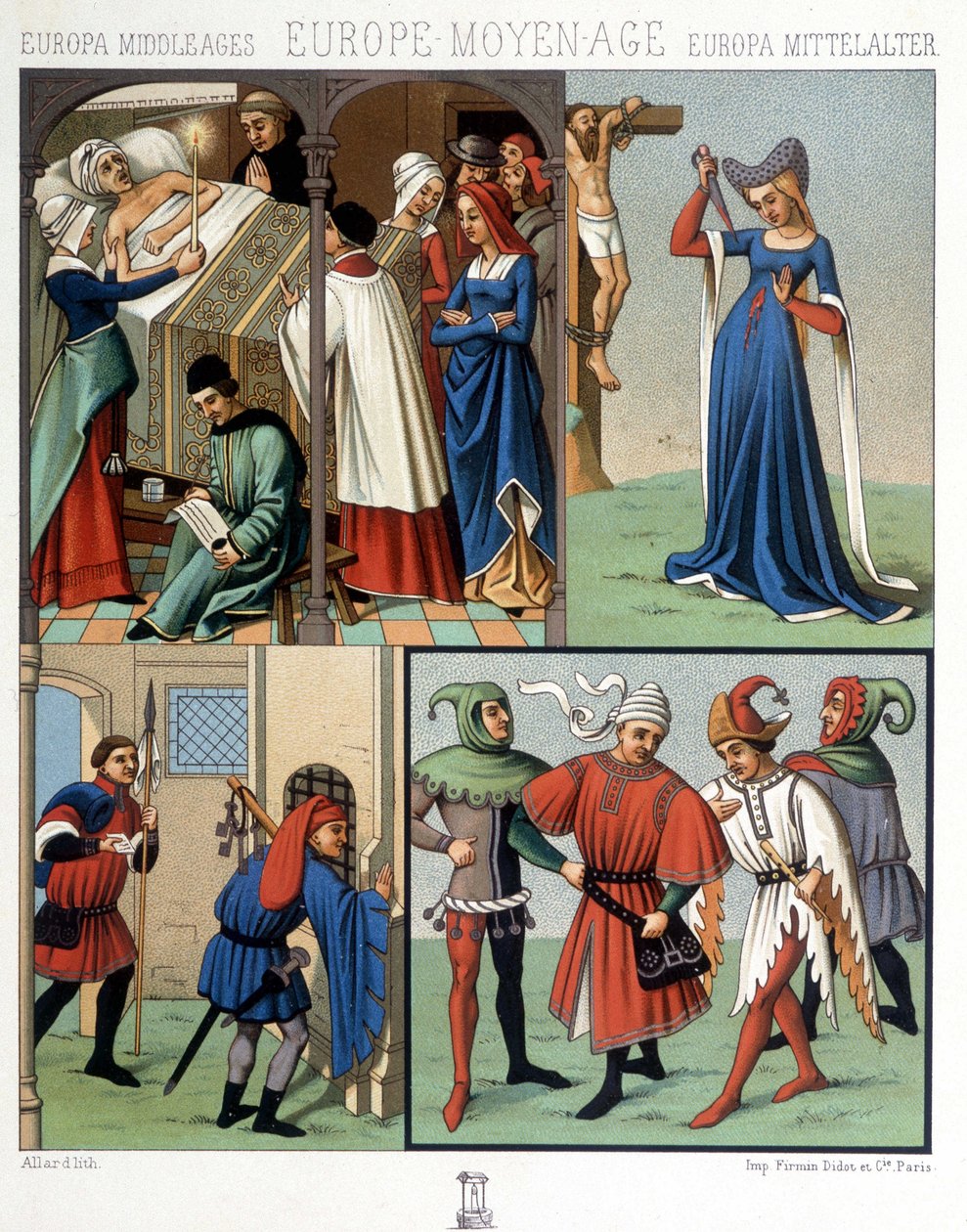 Sivile drakter i middelalderen fra 1300- til 1400-tallet. I «Den historiske drakten» av A. Racquet av Unknown artist