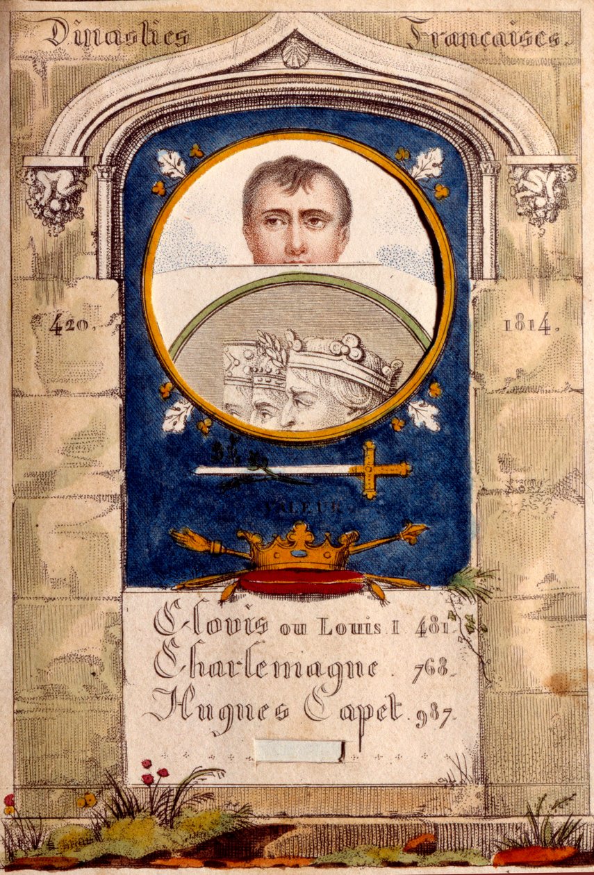 Hemmelig propaganda mot keiser Napoleon I (1769-1821), hans portrett er avbildet over det av Clovis, Charlemagne og Hugues Capet. av Unknown artist