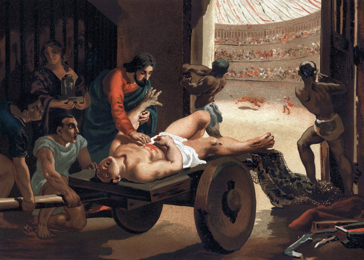Claude Galien (Klaudios Galenos or Claudio Galeno or Claudius Galenus or Galen, v. 131 - v. 201), Greek doctor treating a gladiator. Barcelona 1881 av Unknown artist