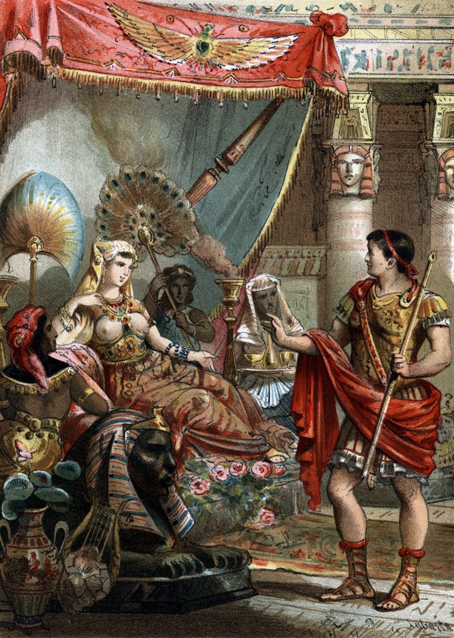 Kleopatra (69-30 f.Kr.) Dronning av Egypt. med Mark Antoine (83-30 f.Kr.) Gravering fra 1881 av Unknown artist