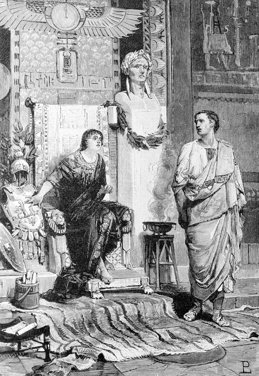 Cleopatra (69 f.Kr. - 30 f.Kr.), dronning av Egypt og Octave, kom for å snakke med henne etter nederlaget til Actium og døden til Marc Antony. Gravering fra 1800-tallet. Storia d