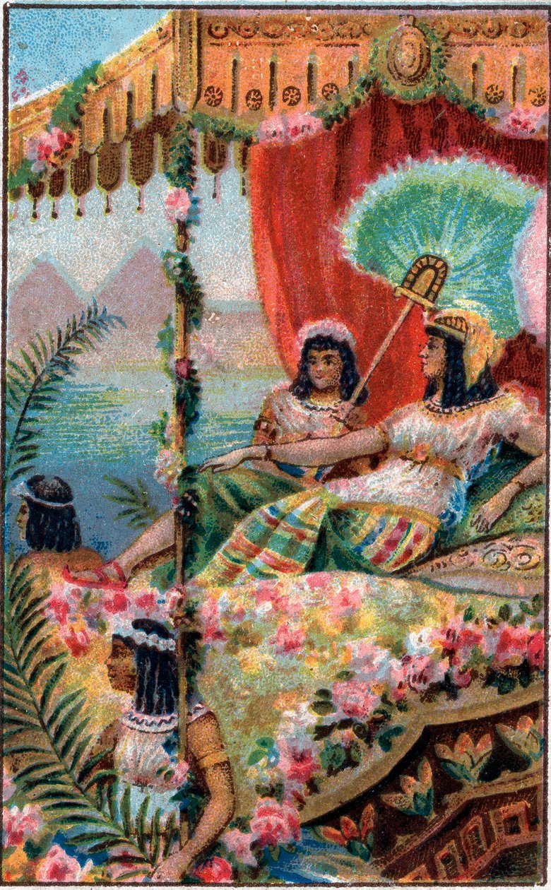 Cleopatre Cleopatre VII Thea Philopator (69-30 f.Kr.), dronning av det gamle Egypt, med sine tjenere - Kromolitografi på slutten av 1800-tallet av Unknown artist