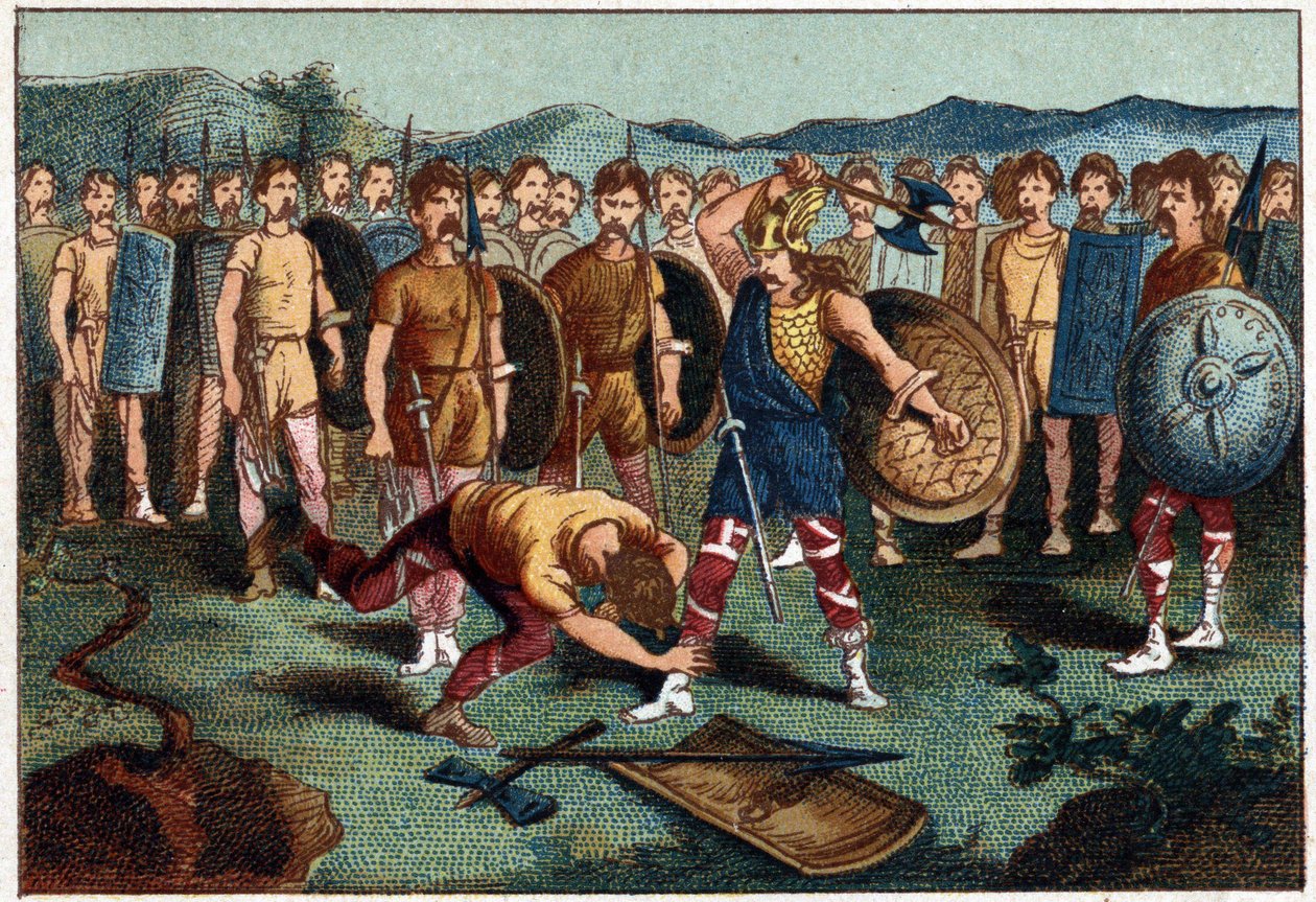 Clovis (465-511) og den frankiske krigeren som knuste vasen til Soissons i 486 - Clovis 1. skjøt ned soldaten som hadde knust vasen til Soissons, i 486. Kromolitografi av 1800-tallet. av Unknown artist