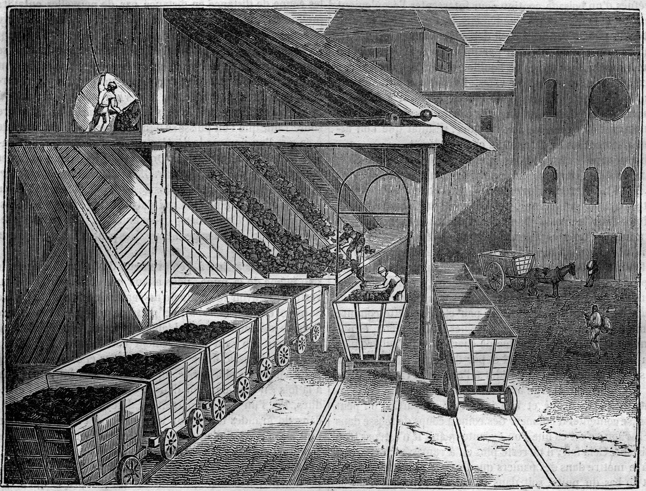 Kullgruve: kull, hentet fra gruven, lastes om bord på vogner mot støperier, tog og skip. I "" Den pittoreske butikken"" 1835 av Unknown artist