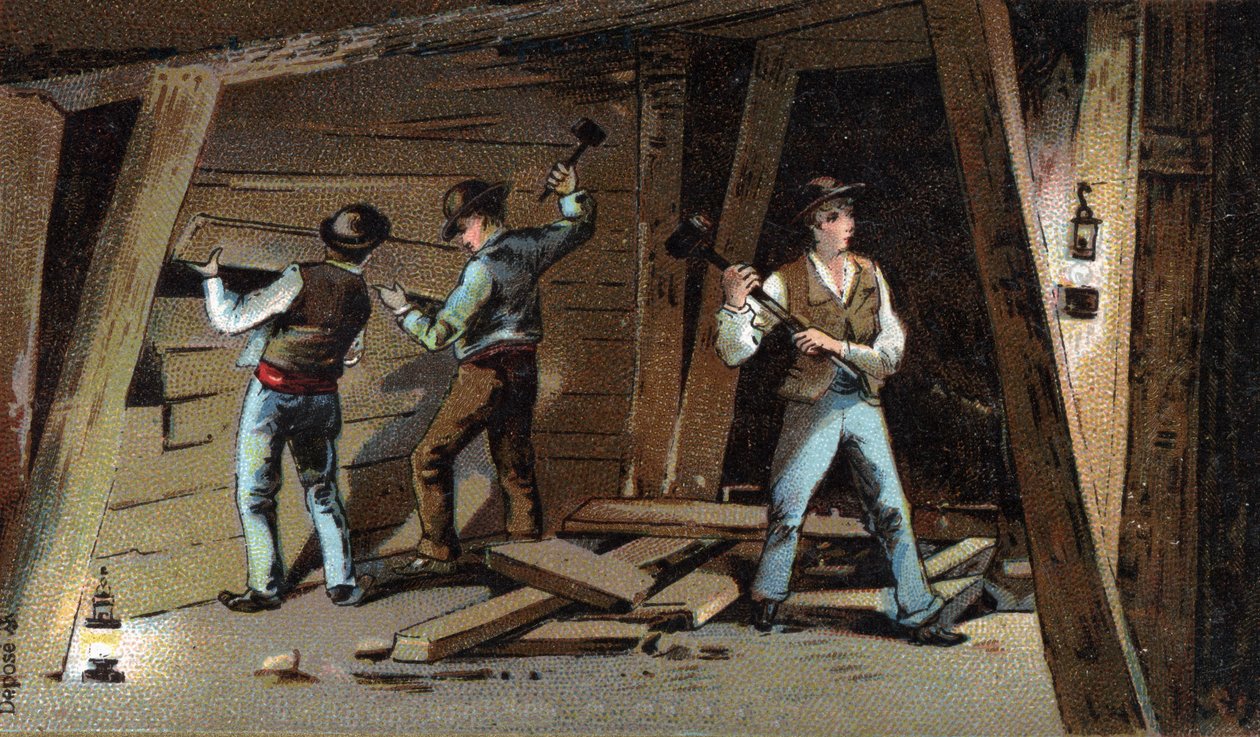 Kullgruve i Frankrike på slutten av 1800-tallet: Tregalleri. Kromolitografi fra slutten av 1800-tallet av Unknown artist