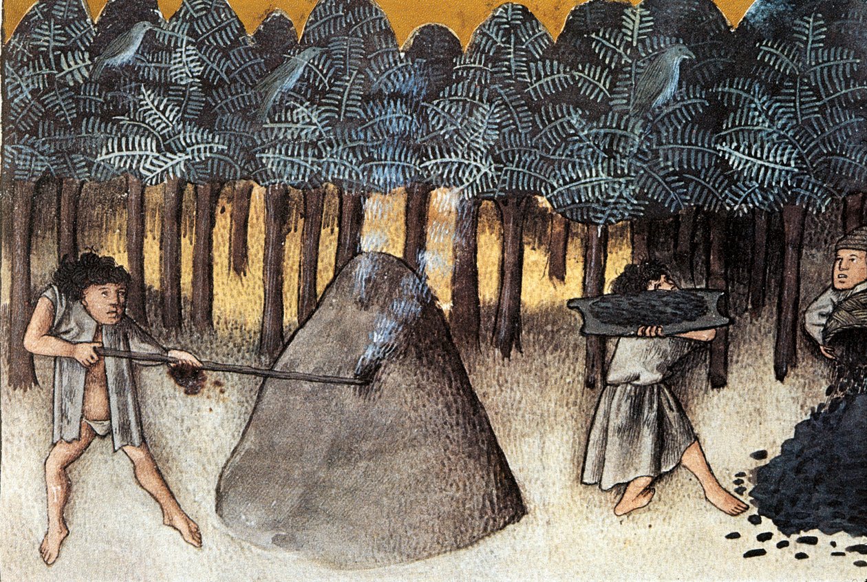 Kullgruvedrift, Miniatyr hentet fra De natura rerum, av Thomas de Cantimpre (1201-1272) Granada fra 1200-tallet. Universitetsbiblioteket av Unknown artist