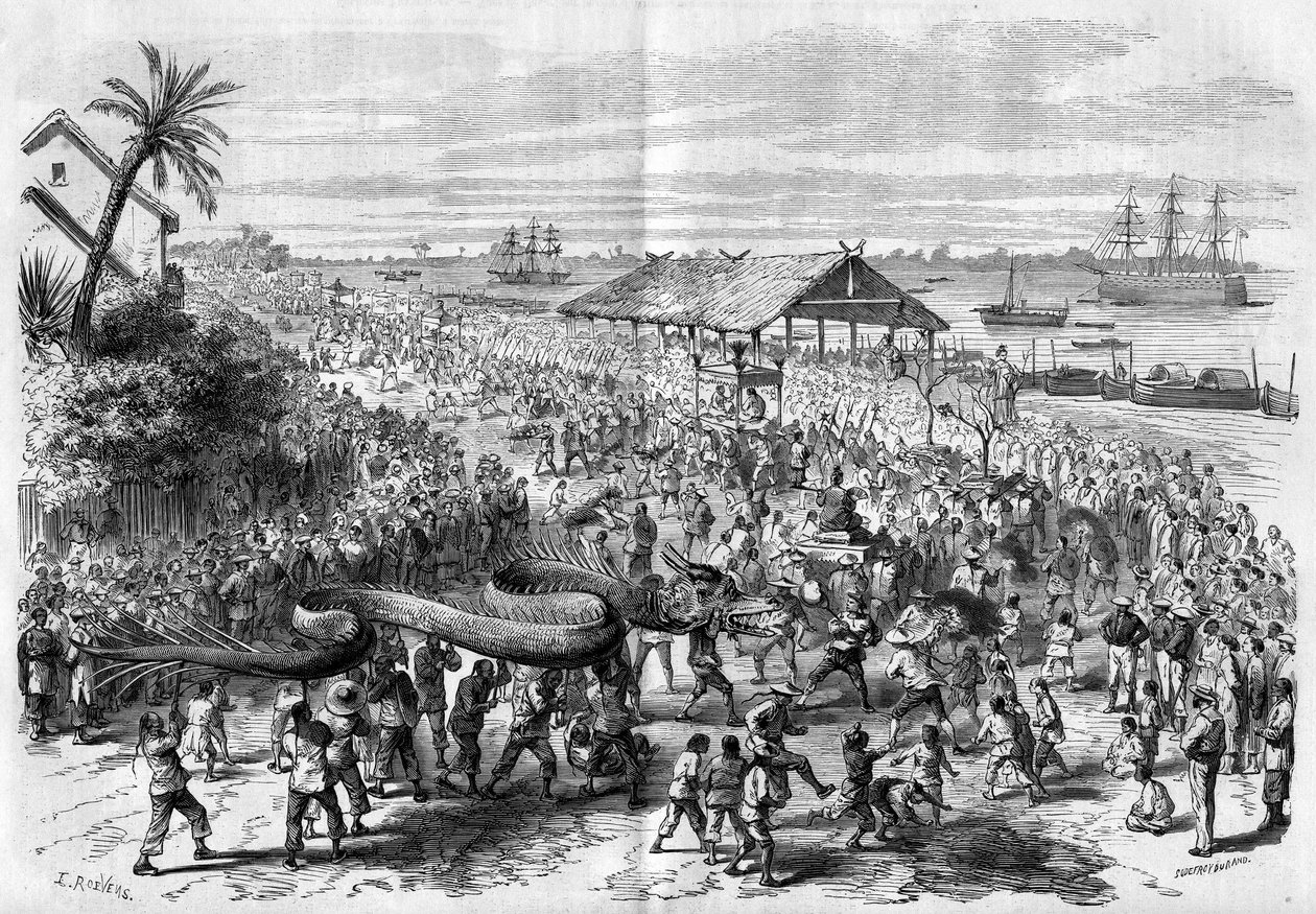 Cochinchine: annual dragon procession organized by the congregation of Saigon in 1865. av Unknown artist