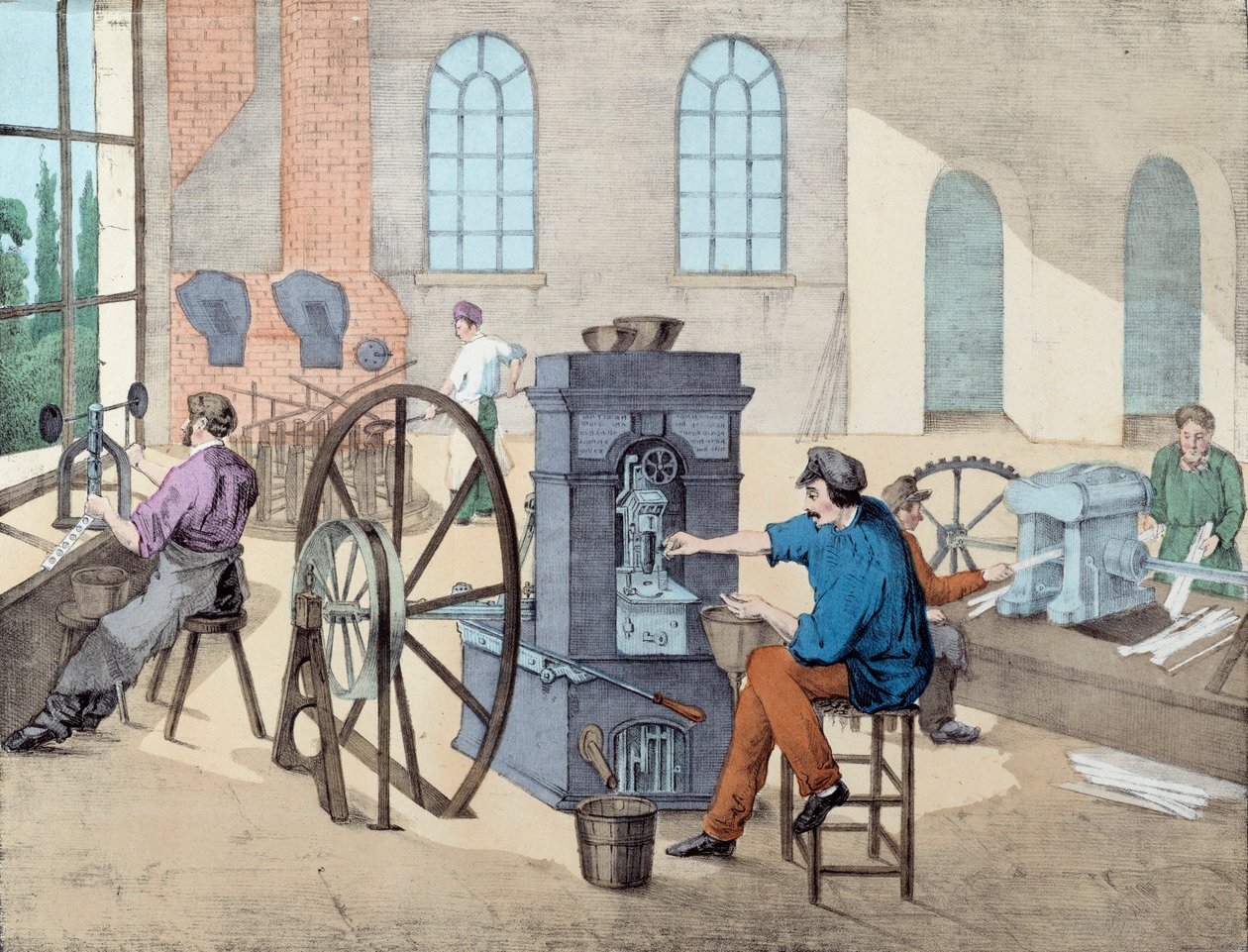 Myntfremstilling: arbeidere som jobber i en fabrikk på forskjellige stadier, støper og støper mynter. Gravering av 1800-tallets Paris, dekorativ kunst av Unknown artist