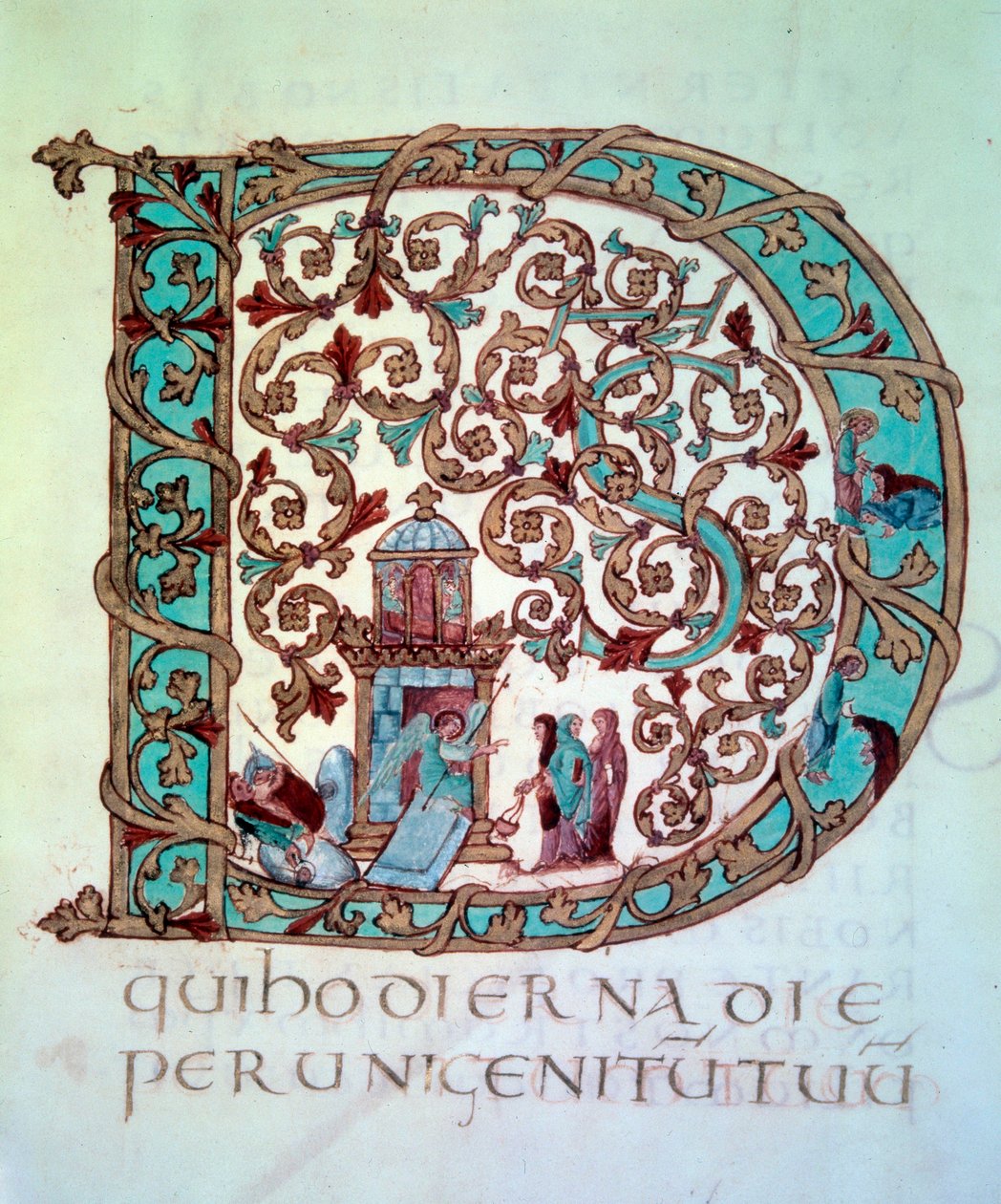 Samling av påske: stor initial (lettrine) D ornate and historiee (de hellige kvinnene ved graven). Miniatyr (Folio 58) av manuskriptet "Sacramental of Drogon"" fra Tresor of the Cathedrale of Metz, 845-855. BN, Paris. av Unknown artist