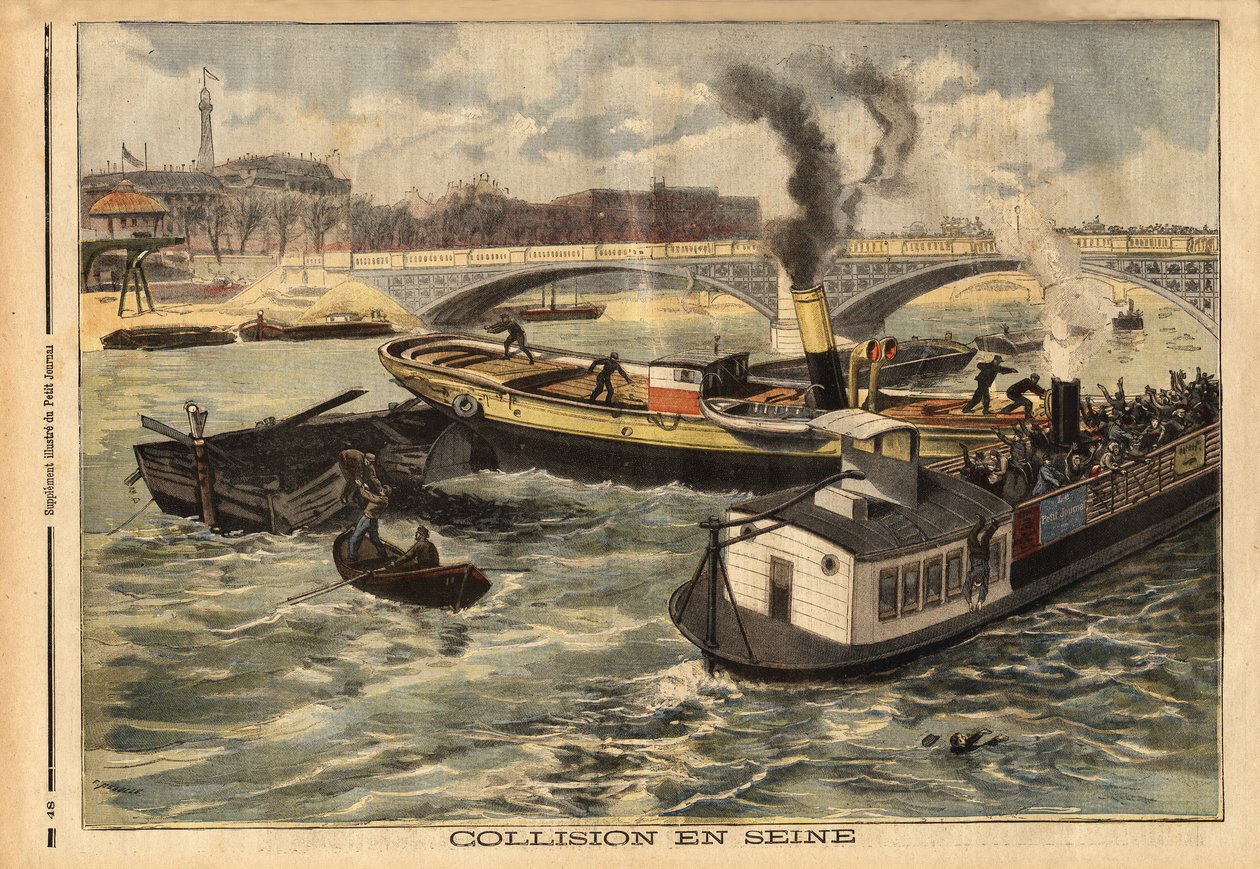 Kollisjon på Seinen mellom en engelsk dampbåt og en omnibus peniche i Paris, på høyden av kongebroen. Gravering i "" Le petit journal"" 7/02/1897. Selva samling. av Unknown artist