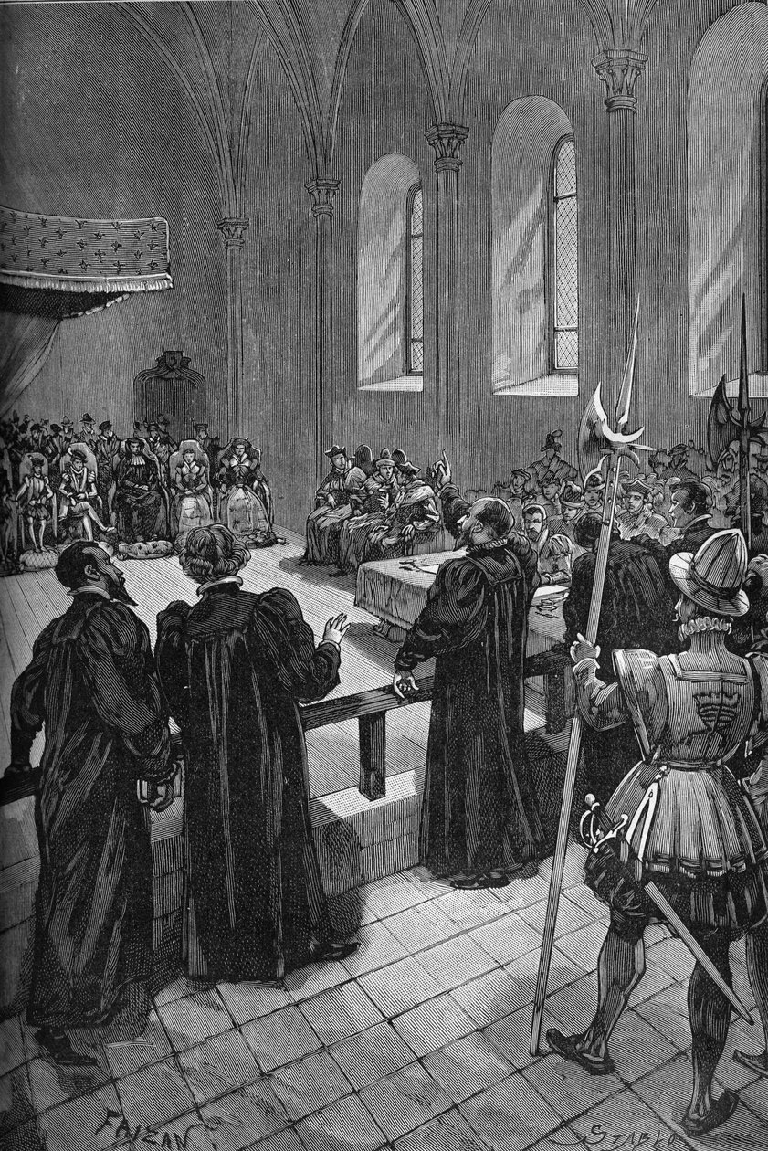 Colloquium of Poissy (1561). Tale av den sveitsiske kalvinisten Theodore de Beze (1519-1605) (i midten, bak), leder av den protestantiske delegasjonen. av Unknown artist