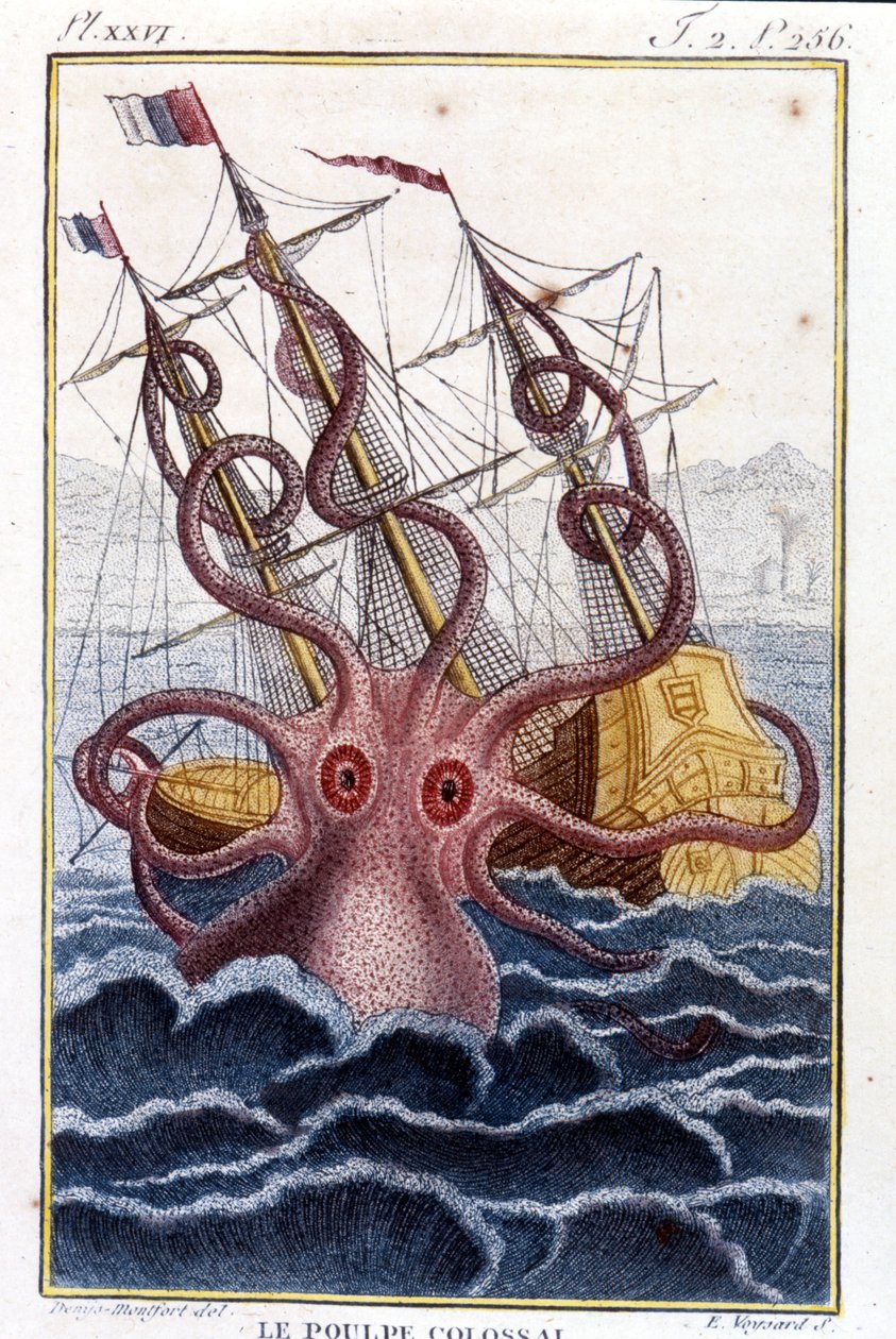 Kolossal blekksprut (blekksprut, gigantisk blekksprut, kraken) angriper et skip (skip, skip) - gravering av boken av Pierre Denys-Montfort (Denys de Montfort 1766-1820) "" Histoire naturelle des mollusques", originalutgave av 1802) - av Unknown artist