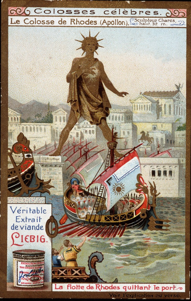 Kolossen berømt: Kolossen på Rhodos (Apollo, Helios) (høyde 32 meter), billedhuggeren Charles de Lindos (4. århundre f.Kr.); Rhodos-flåten forlater havnen (Hellas) - Liebig-kromolitografi av Unknown artist