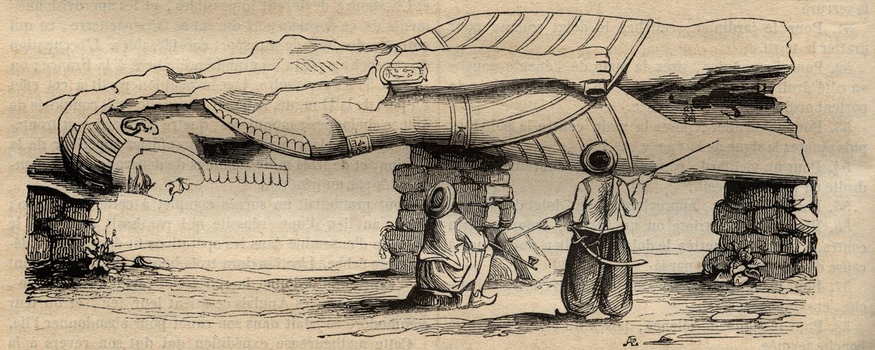 Kolossen av Ramses II funnet i 1820, nær den sørlige porten til tempelet til Ptah som ligger omtrent tretti meter unna, av den italienske reisende Giovanni Battista Caviglia - gravering av 1838 - Statuen av Ramses II ble oppdaget i 1820 av Giovanni Battist av Unknown artist