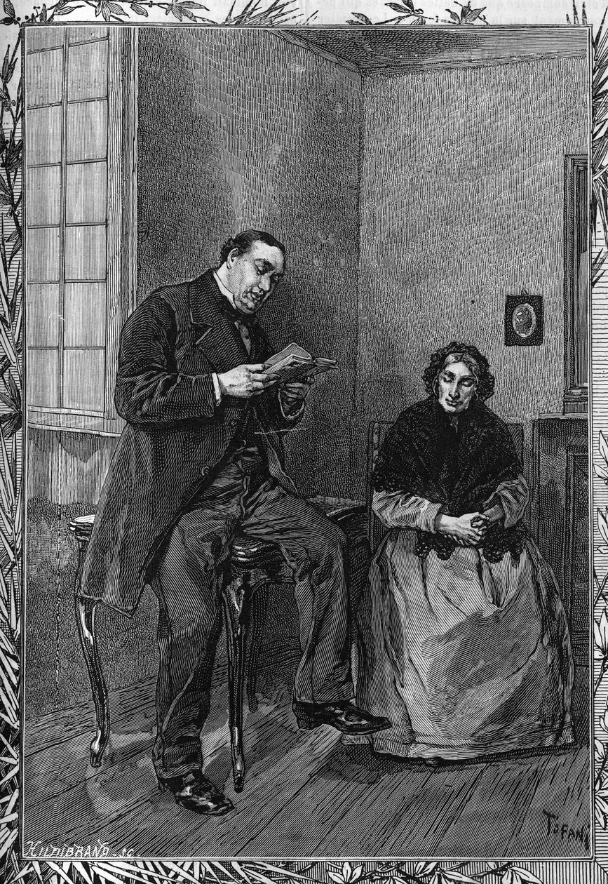 Komikeren Moessard leser kona. Gravering i den berømte journalen "" La jeunesse"" av Unknown artist