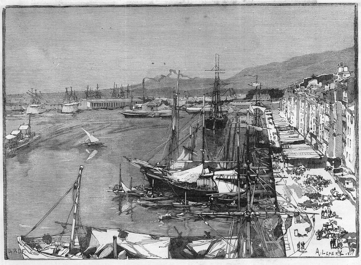 Kommersielt skip og arsenal i havnen i Toulon (Var), Frankrike. Gravering i "" Le Monde Illustré"" av Unknown artist