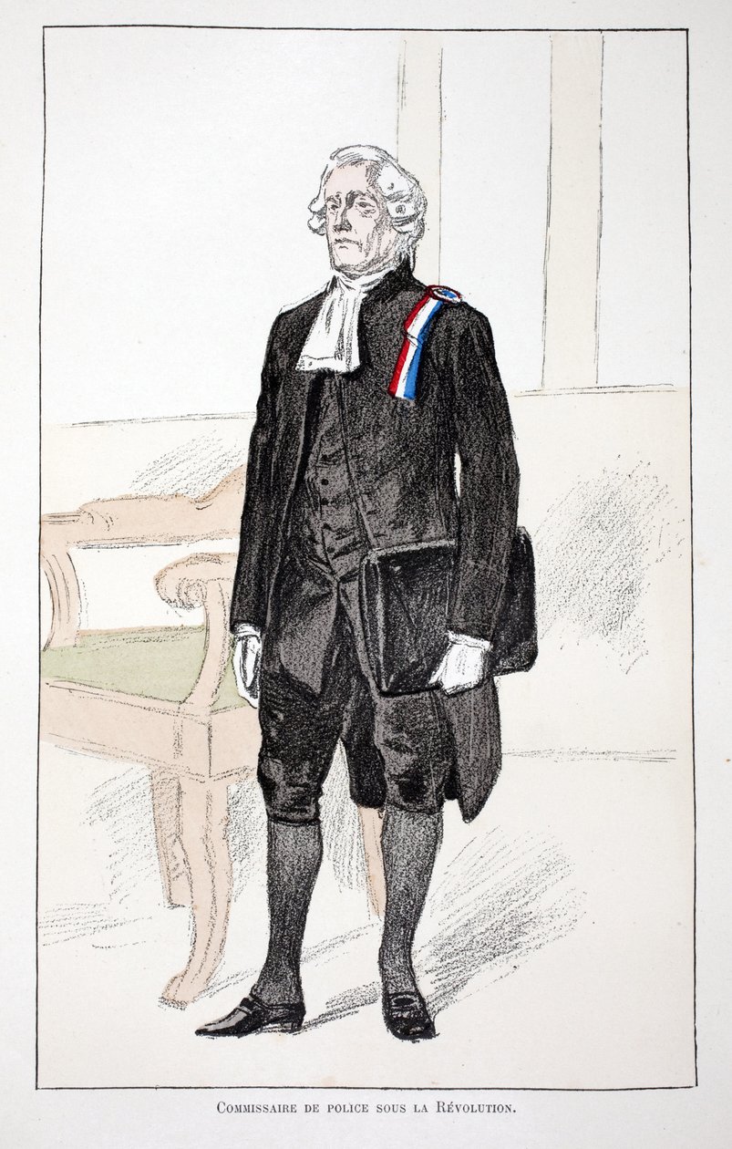 Politikommissær under revolusjonen (1789-1799). Etsning i farger, for illustrasjon "" History of the Corps of Peacekeepers""" bok utgitt i regi av Louis Lepine (1846-1933), prefekt for politiet på Seinen, av Alfred Rey (18) av Unknown artist