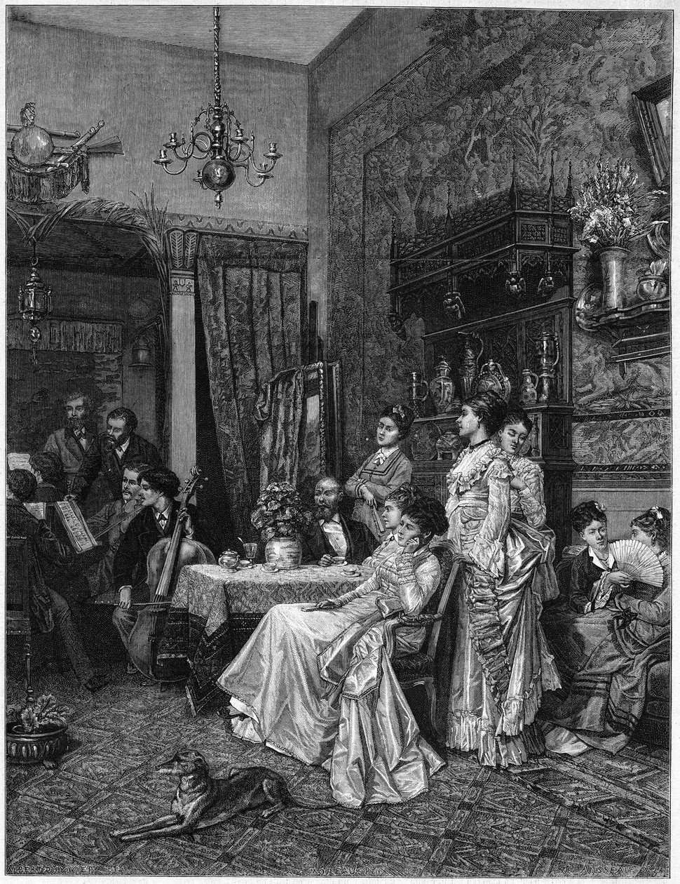 Konsert av amatører i en artists studio. Reproduksjon av et maleri av Adrien Moreau (1843-1906) presentert på Salon de 1873. av Unknown artist