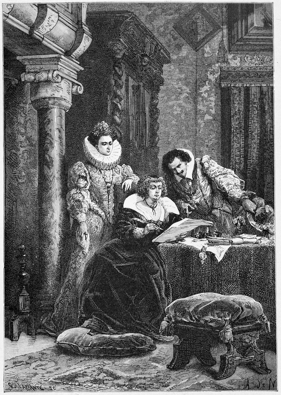 Concini, Leonore Galigai og Marie de Medici. Gravering i «Histoire de France» fra de fjerneste tider og frem til 1789 av M. Guizot av Unknown artist