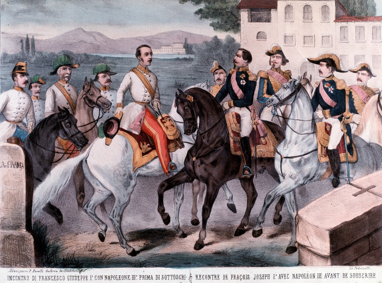 Konferanse av Villafranca, møte mellom den franske keiseren Napoleon III og keiser Francis Joseph I, om den foreløpige Østerrike-freden (1859) (gravering) av Unknown artist