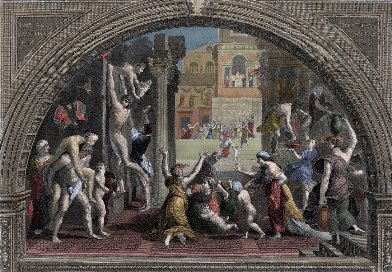 Conflagration of Roma - The Great Fire of Roma, 64, under keiser Neros regjeringstid (37-68) - Gravering i farger av Unknown artist