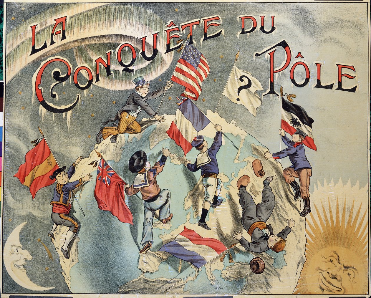 Erobring av polen: representasjon av rivaliseringen mellom forskjellige land for erobringen av Nordpolen. Representanter inkluderer Spania, USA, England, Holland, Frankrike og Tyskland. Sent på 1800-tallet av Unknown artist