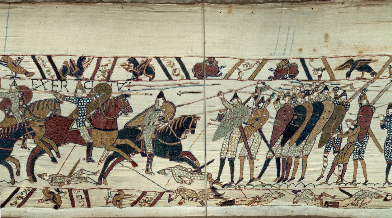 Erobre England av Vilhelm Erobreren (1027-1087) i 1066, kampscene mellom det normanniske kavaleriet som lastet det saksiske infanteriet til kong Harold II av England Detalj av Bayeux-teppet eller broderi av dronning Mathilde av Unknown artist