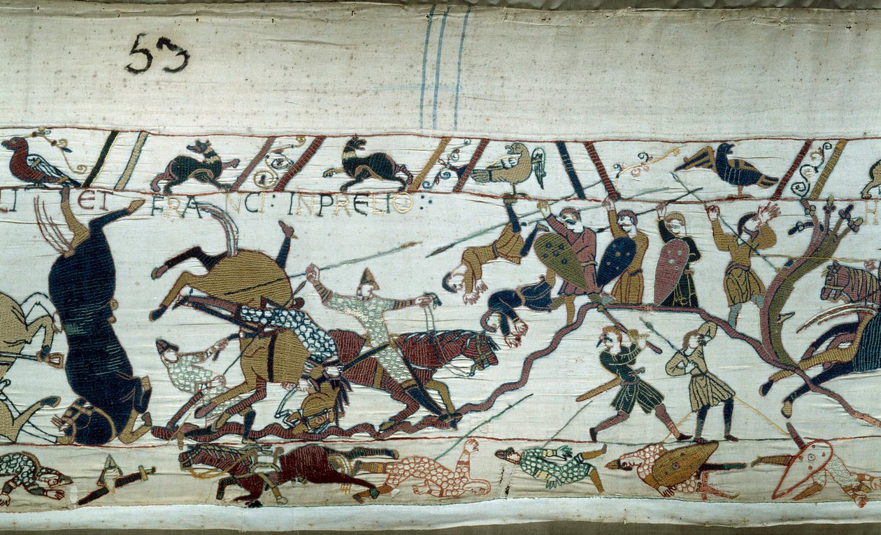 Erobringen av England av hertugen av Normandie Vilhelm Erobreren (1027-1087) i 1066: Slaget ved Hastings Detalj av Bayeux-teppet eller broderi av dronning Mathilde av Unknown artist