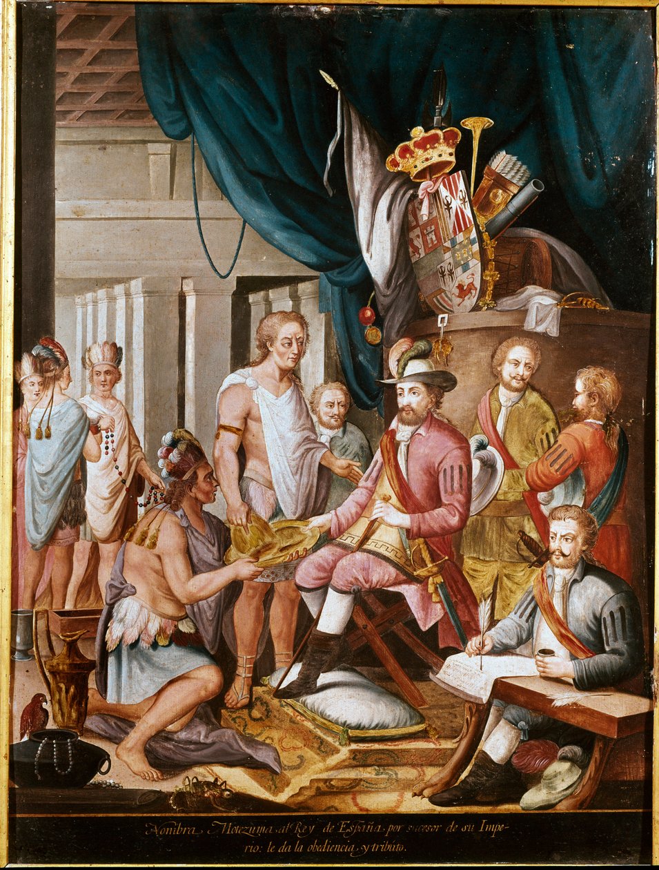 Erobring av Mexico: Montezuma (eller Moctezuma II), aztekisk keiser (1466-1520) tilbyr gaver til erobreren Hernan Cortez (eller Cortes) (1485-1547) og sverger lojalitet til kongeriket Spania. Anonymt maleri. Madrid. Museum of America. av Unknown artist