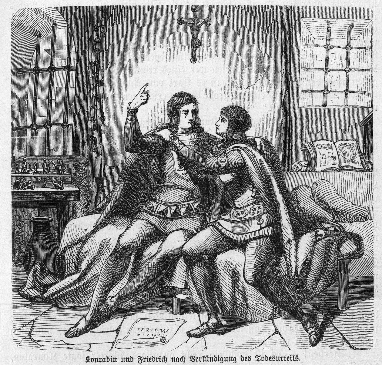 Conradin of Swabia and Frederick of Baden Being Informed of Their Execution in Prison in Naples - Conradin of Swabia and Friedrich of Baden awaiting sentence - Conradin of Hohenstaufen, King of Sicily (Italy) and Jerusalem (Israel) under the name of Conrad av Unknown artist