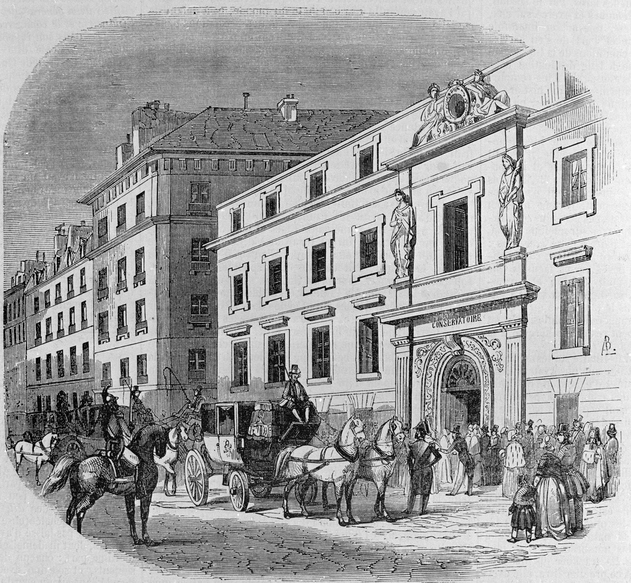 Musikkonservatoriet i rue du Faubourg Poissonniere i Paris: konsertinngang. Gravering fra 1860 av Unknown artist