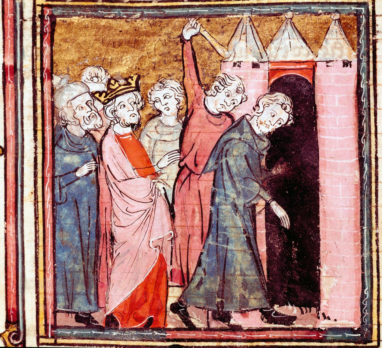 Konspirasjon mot Ludvig den fromme (778-840) keiser av Vesten, hans sønn Lothaire påla ham en offentlig bot på klosteret Saint Medard de Soissons i 833 Miniatyr hentet fra "" Grandes Chronicles de France"" 1375-1379 kommunale bibliotek , Cas av Unknown artist