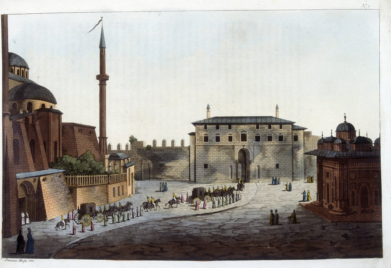Konstantinopel: Serails dør. Soliman den store var den første som bar hele gårdsplassen og haremet til den bortsett fra de som hadde bodd sammen med hans forgjengere. I "" Le kostyme ancien et moderne av Unknown artist