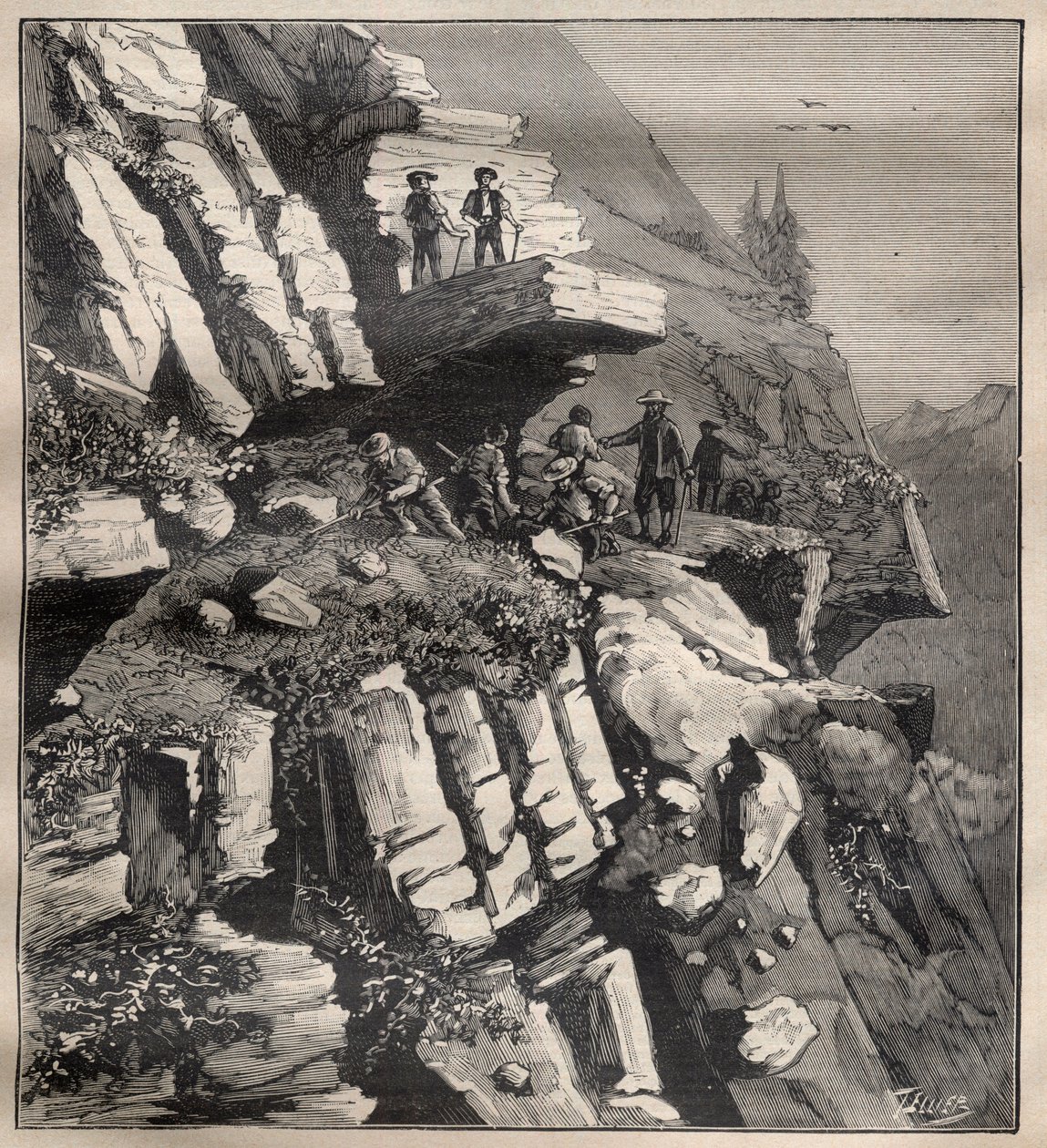 Bygging av en fjellvei i Alpene - Gravering i "La Science francaise"" av Unknown artist