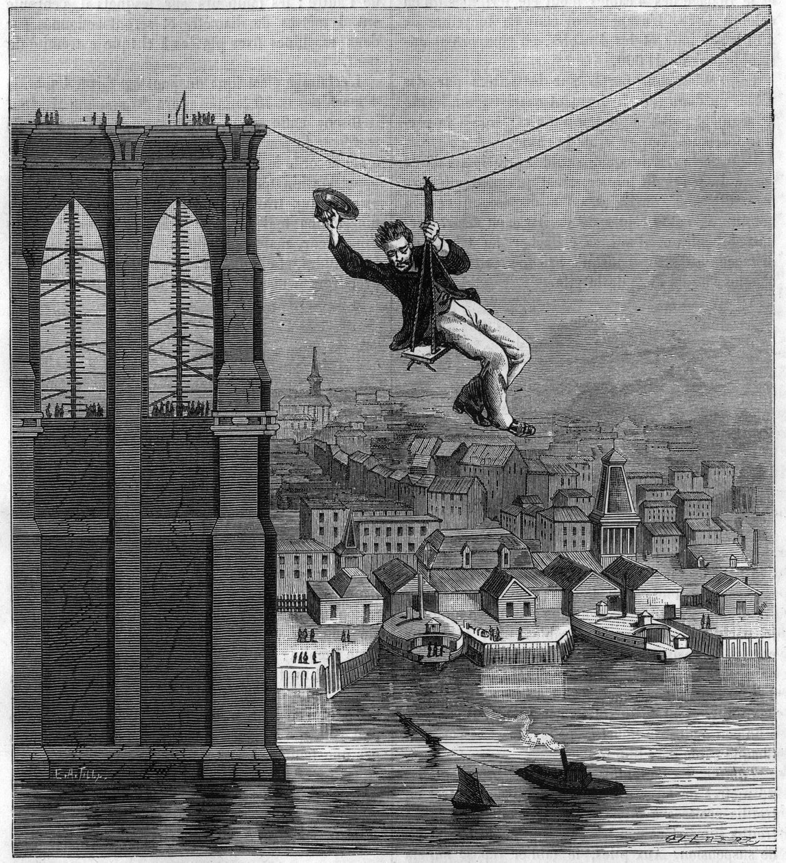 Bygging av Brooklyn Bridge i New York: Mr. Farrington, sjefsmekaniker for konstruksjon, flytter fra en haug til en annen ved å bruke den første strakte ledningen (25. august av Unknown artist