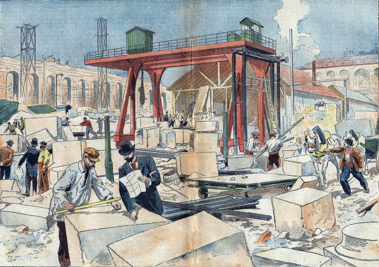 Bygging av Grand Palais, i Paris i 1898, i anledning verdensutstillingen i 1900. I midten, diamanthjulet for å kutte kutte kutte steiner. Illustrasjon i "" Le Pelerin"" av 3. juli av Unknown artist