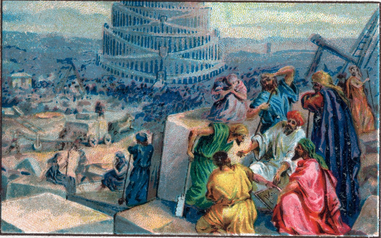 Bygging av Babelstårnet. Kromolitografi fra slutten av 1800-tallet. av Unknown artist