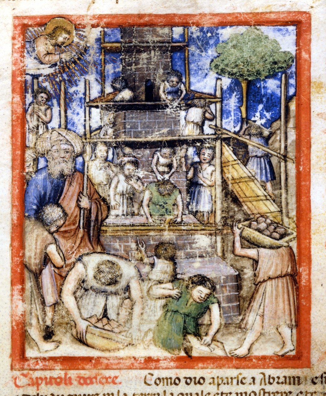 Bygging av Babelstårnet. Miniatyrer fra codex 212 (eller Padovano Codice eller Bible of Padua) 1390-1400 Rovigo, Accademia dei Concordi av Unknown artist