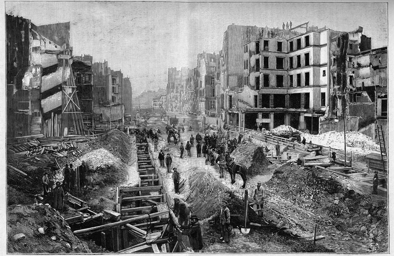Bygging på Reaumur Street - Transformasjoner av Paris under det andre imperiet, Haussmann Paris (Boulevard, Haussmann verk) - Le Percement de la Rue Reaumur i 3. arrondissement i Paris av Unknown artist