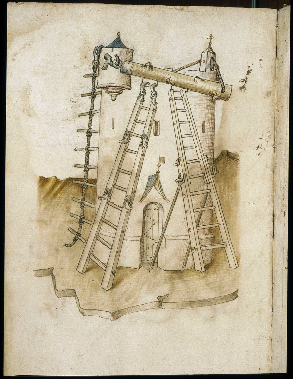 Byggearbeid - Manuskript: pergamentark av en ingeniørhåndbok for bygging av sivile, religiøse og militære bygninger, anonymt, sent på 1400-tallet (figur med kinesisk blekk) av Unknown artist