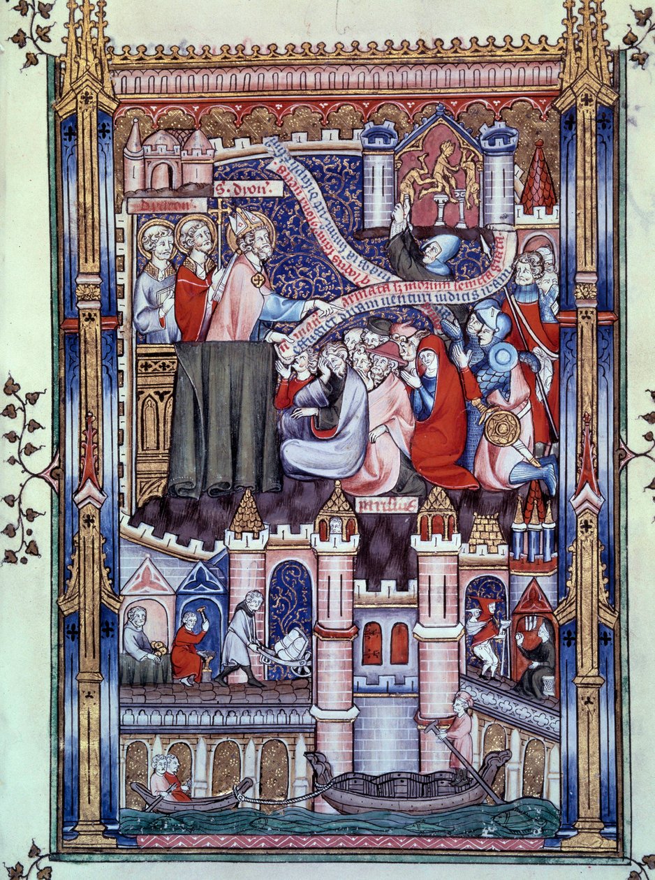 Konvertering av parisere: på en bro i Paris, hvor gullsmedbutikker ligger, bryter parisere idoler til gull. Miniatyr fra manuskriptet "" Life of Saint Denis"" av Yves, munk av Saint-Denis av Unknown artist